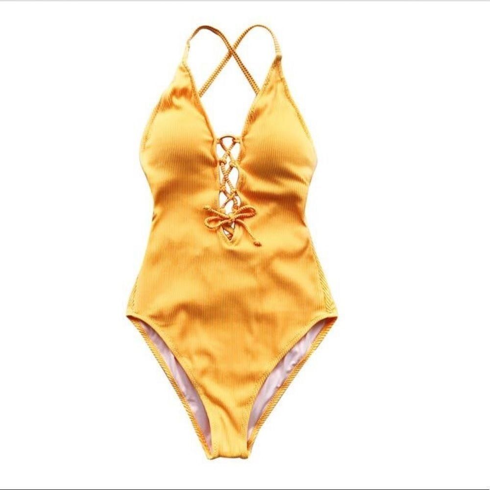 CUPSHE Remind Me one piece deep V backless yellow swimsuit size L